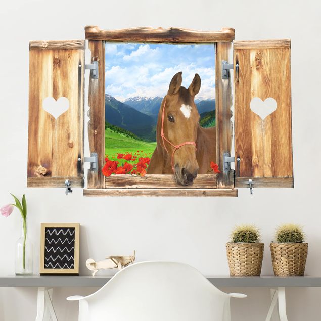 Autocolantes de parede cavalos Window With Heart And Horse Alpine Meadow