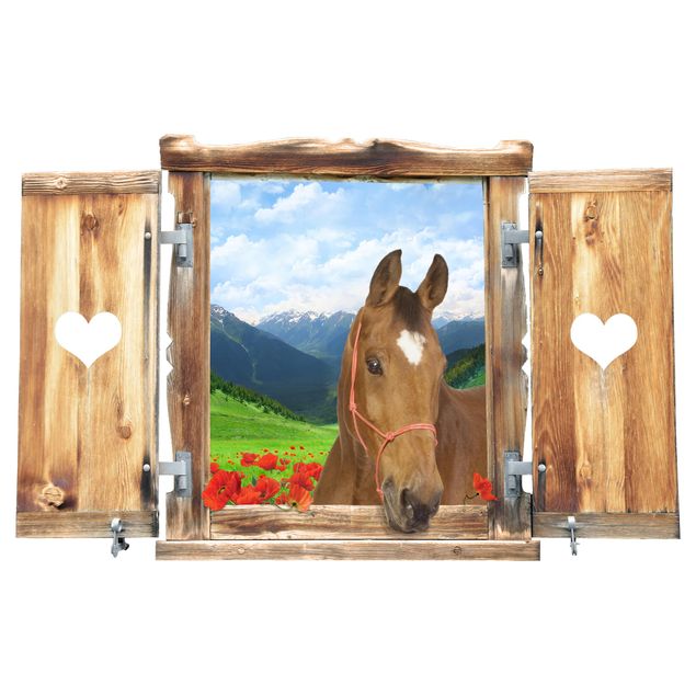 Wall stickers 3d Window With Heart And Horse Alpine Meadow