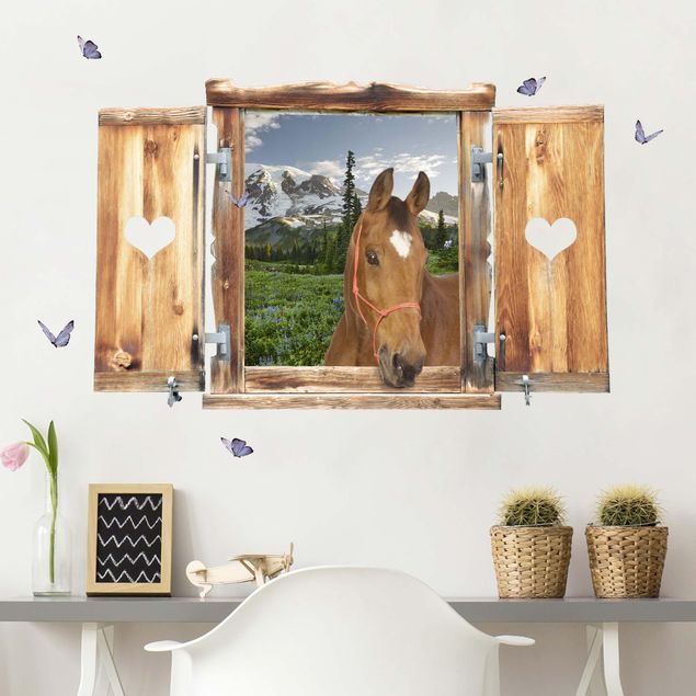3d wall art stickers Window With Heart And Horse Mountains Meadow Path