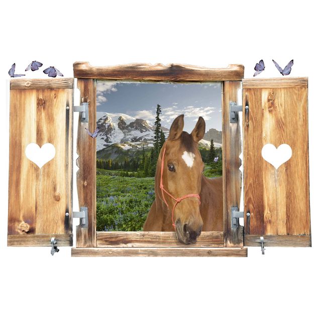 Animal wall decals Window With Heart And Horse Mountains Meadow Path