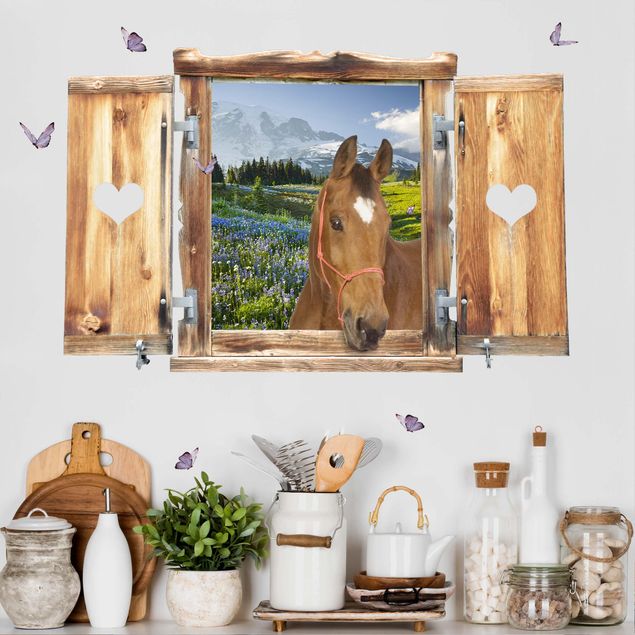 Autocolantes de parede cavalos Window With Heart And Horse Mountain Meadow With Flowers
