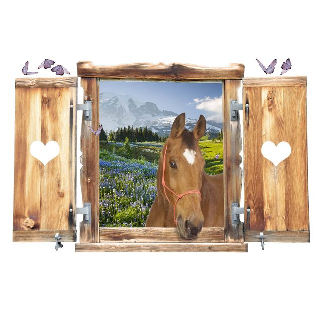 3d wallpaper sticker Window With Heart And Horse Mountain Meadow With Flowers