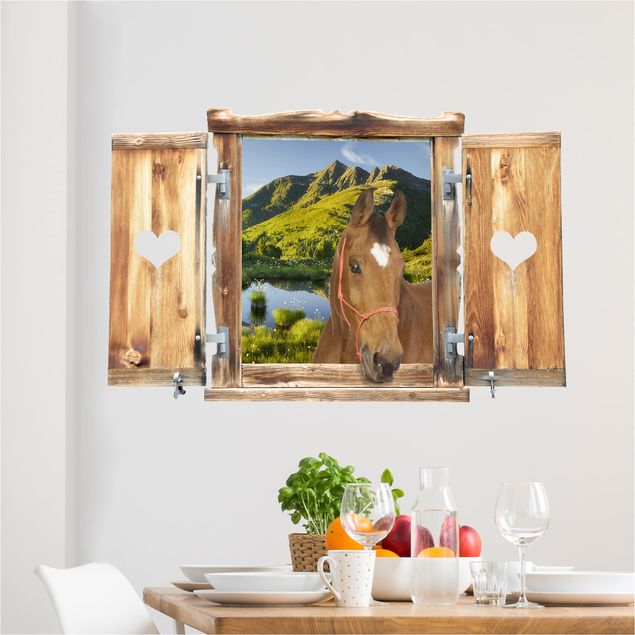 Wall stickers 3d Window With Heart And Horse Looking Into Defereggental