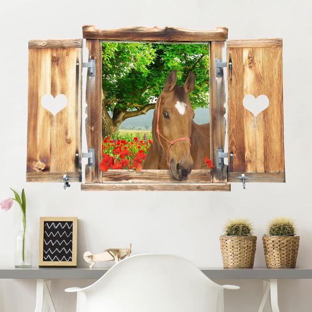 Autocolantes de parede cavalos Window With Heart And Horse Meadow