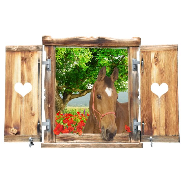 3d wallpaper sticker Window With Heart And Horse Meadow