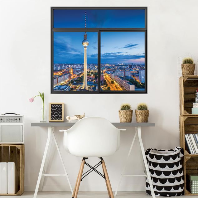 Wall stickers city ​​names Window Black Berlin Skyline At Night With Television Tower
