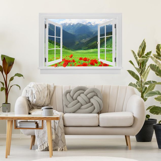 Wall stickers 3d Open Window Alpine Meadow And Poppies