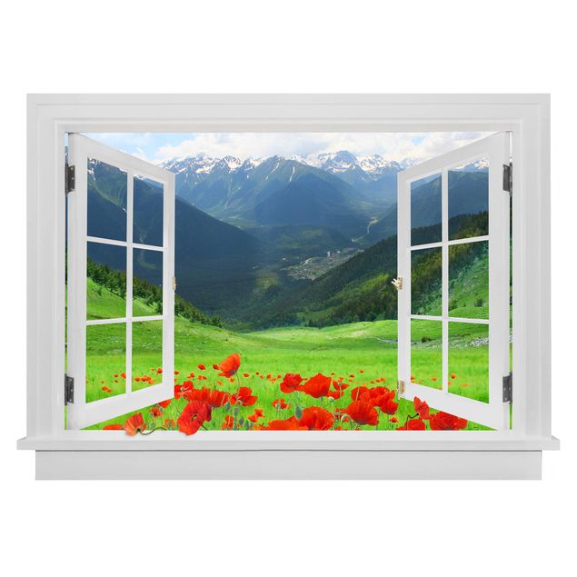 Leaf wall stickers Open Window Alpine Meadow And Poppies