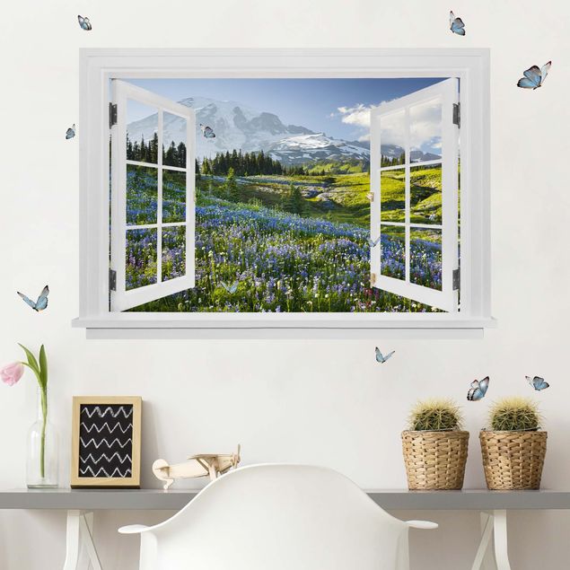 Autocolantes de parede borboletas Open Window Mountain Meadow With Flowers In Front Of Mt. Rainier And Butterflies