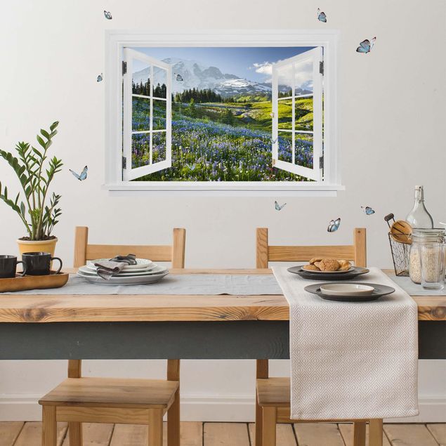 Flower wall decals Open Window Mountain Meadow With Flowers In Front Of Mt. Rainier And Butterflies