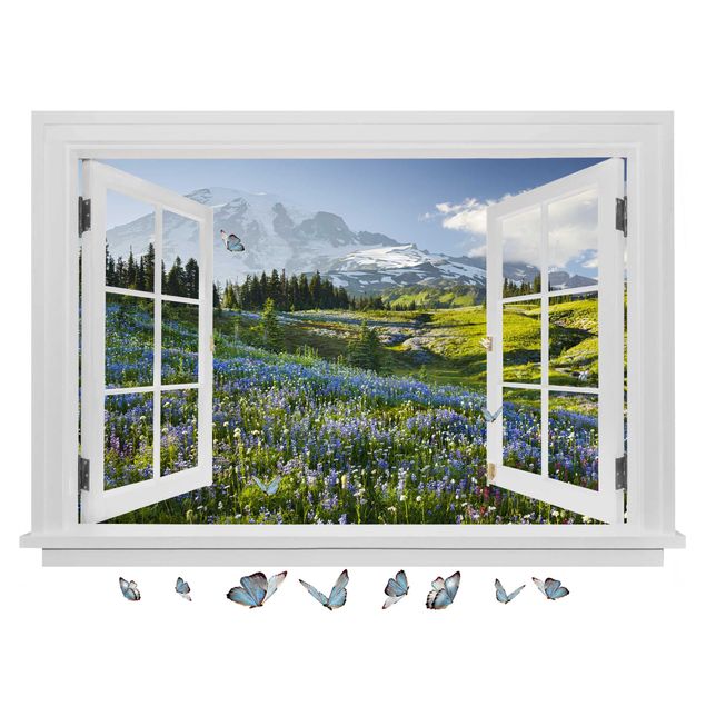3d wallpaper sticker Open Window Mountain Meadow With Flowers In Front Of Mt. Rainier And Butterflies