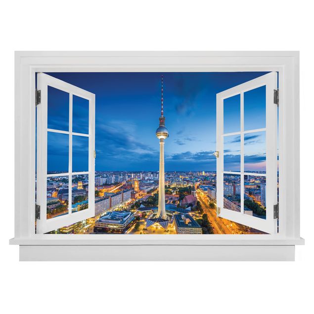 3d wallpaper sticker Open Window Berlin Skyline At Night With Television Tower