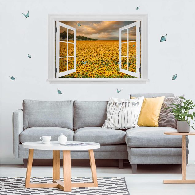 3d wall art stickers Open Window Field With Sunflowers