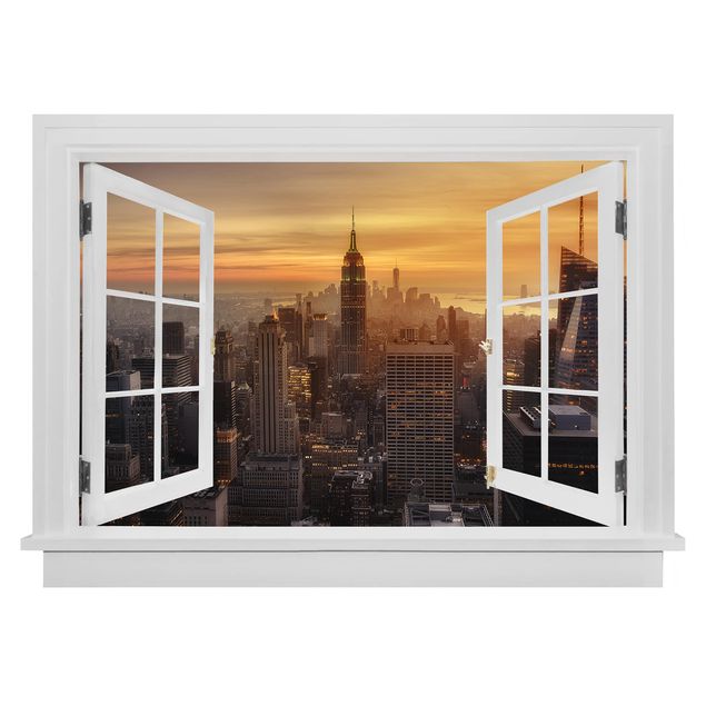 3d wall art stickers Open Window Manhattan Skyline Evening