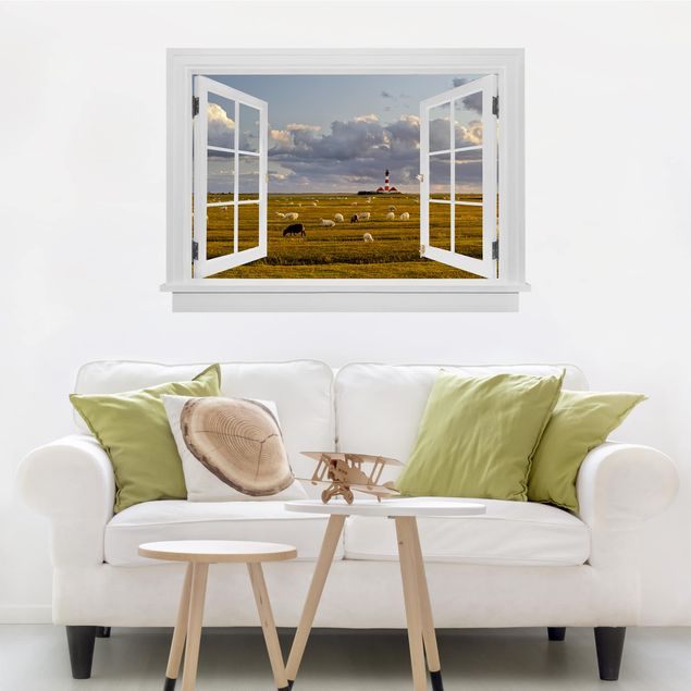 Wall stickers 3d Open Window North Sea Lighthouse With Sheep Herd