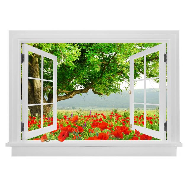 Wall stickers 3d Open Window Summer Meadow With Flower Box