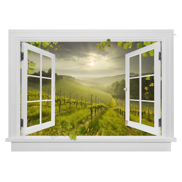 Leaf wall stickers Open Window Sun Rays Vineyard With Vines And Grapes