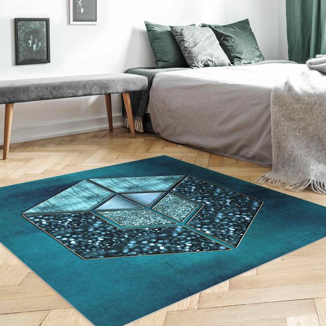 Modern rugs Blue Hexagon With Golden Contour