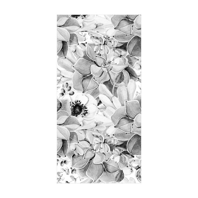 Black and white rugs Watercolour Succulent With Flower In Black And White