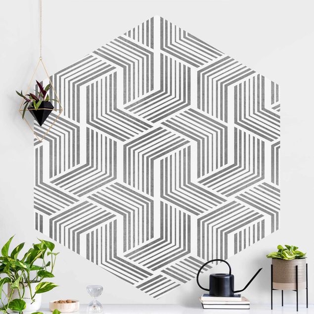 Self-adhesive hexagonal wall mural 3D Pattern With Stripes In Silver