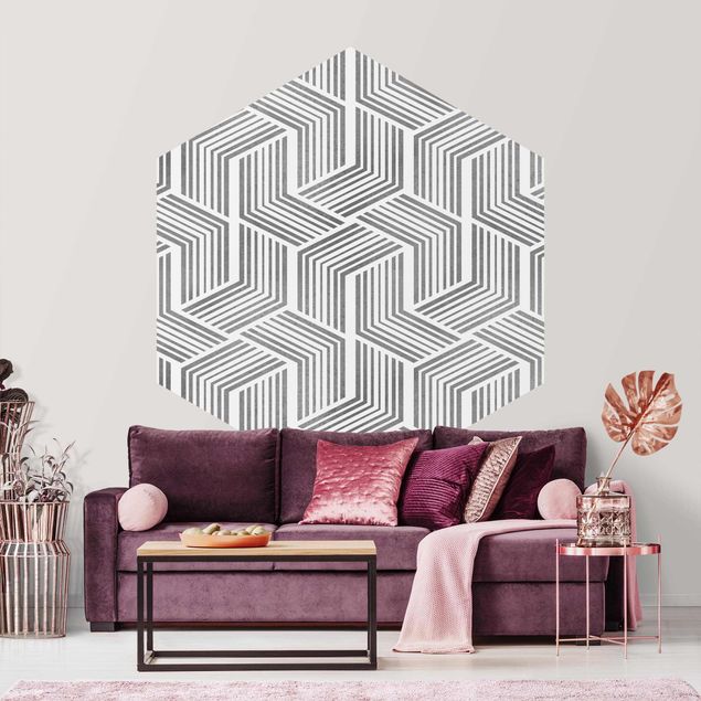 Self-adhesive hexagonal pattern wallpaper - 3D Pattern With Stripes In Silver