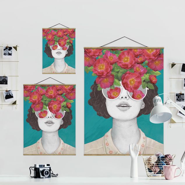 Fabric print with poster hangers - Illustration Portrait Woman Collage With Flowers Glasses