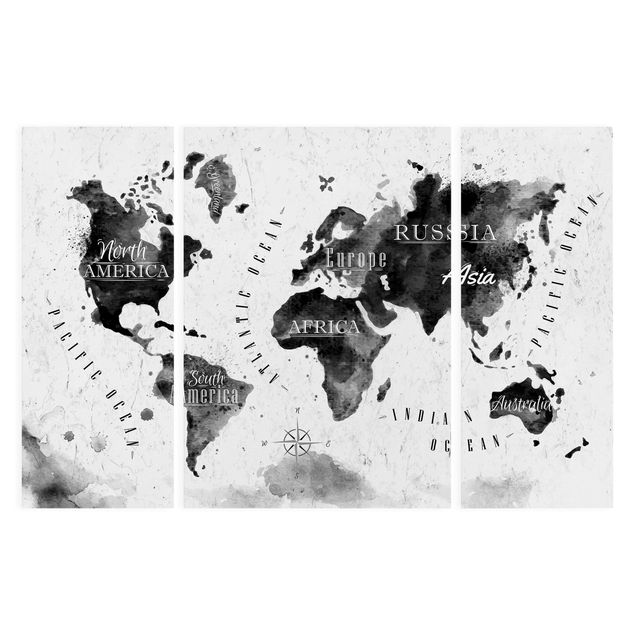 Print on canvas 3 parts - World Map Watercolour Black