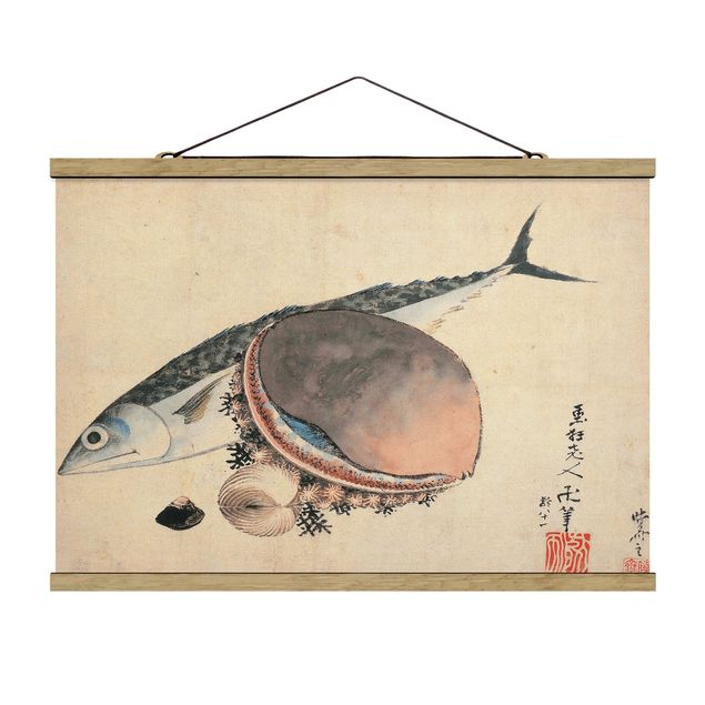 Fabric print with poster hangers - Katsushika Hokusai - Mackerel and Sea Shells