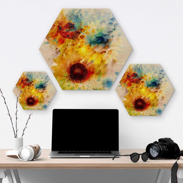 Wooden hexagon - Watercolour Flowers Sunflowers