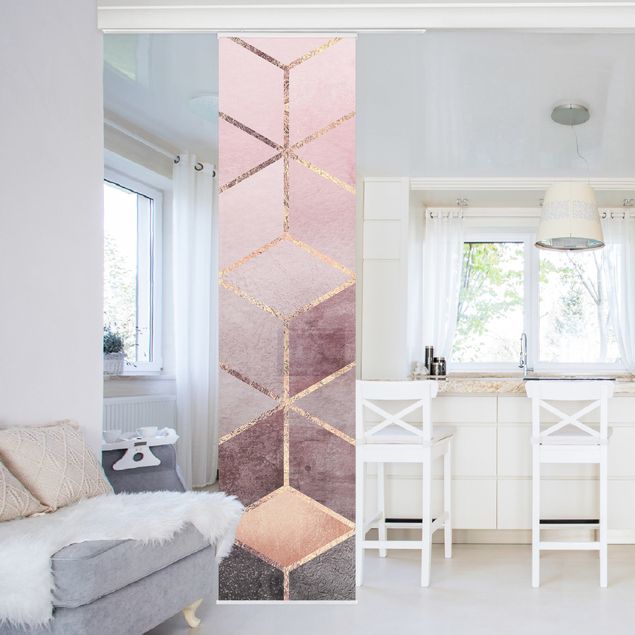 Sliding panel curtain - Pink Grey Golden Geometry