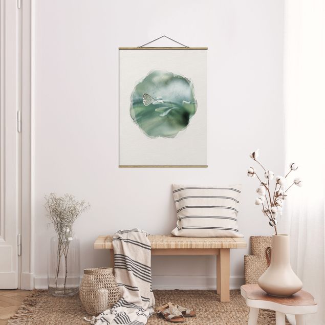 Fabric print with poster hangers - WaterColours - Butterfly And Dew Drops In Pastel Green