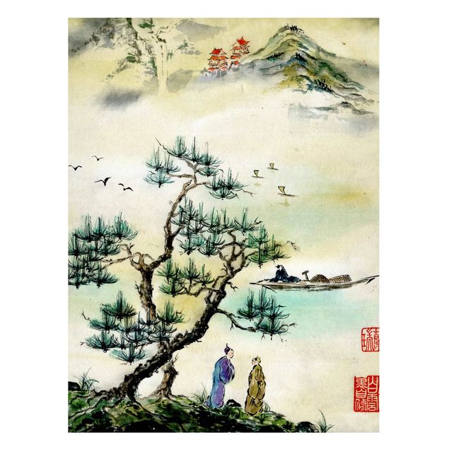 Magnetic memo board - Japanese Watercolour Drawing Pine And Mountain Village