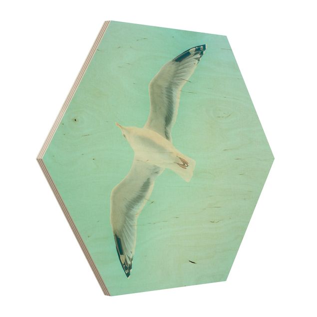 Hexagon Picture Wood - Blue Sky With Seagull