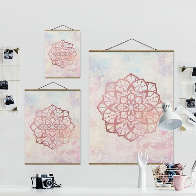 Fabric print with poster hangers - Mandala Illustration Flower Rose Pastel