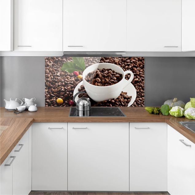 Glass splashbacks Coffee Cup With Roasted Coffee Beans