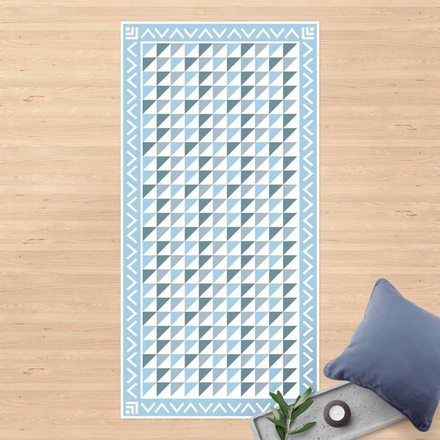 balcony mat Geometrical Tiles small Triangles Pigeon Blue With Border