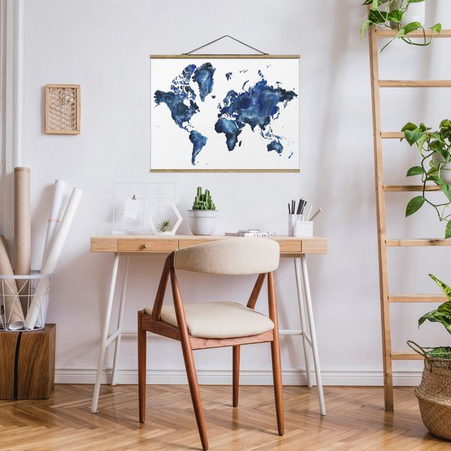 Fabric print with poster hangers - Water World Map Light