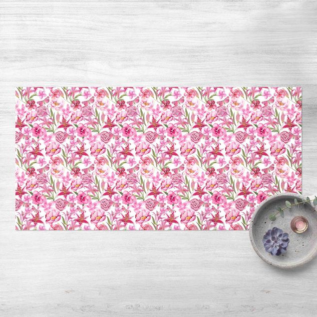 outdoor balcony rug Pink Flowers With Butterflies