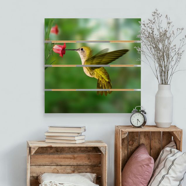 Print on wood - Hummingbird And Flower