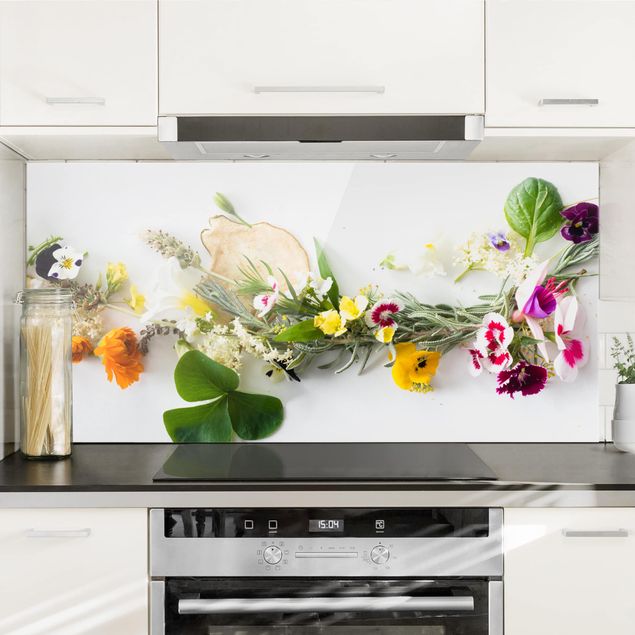 Glass splashback kitchen flower Fresh Herbs With Edible Flowers