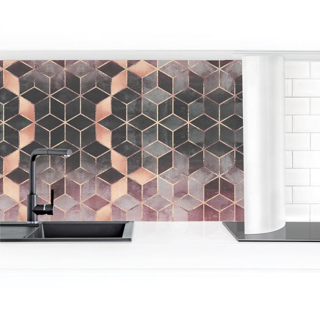 Kitchen wall cladding - Pink Gray Golden Geometry II