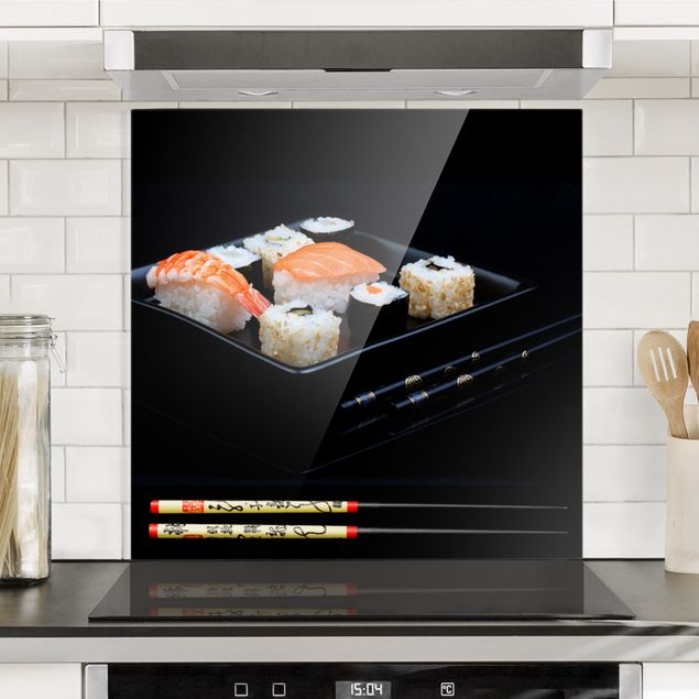 Glass splashback art print Sushi With Chop Sticks Black