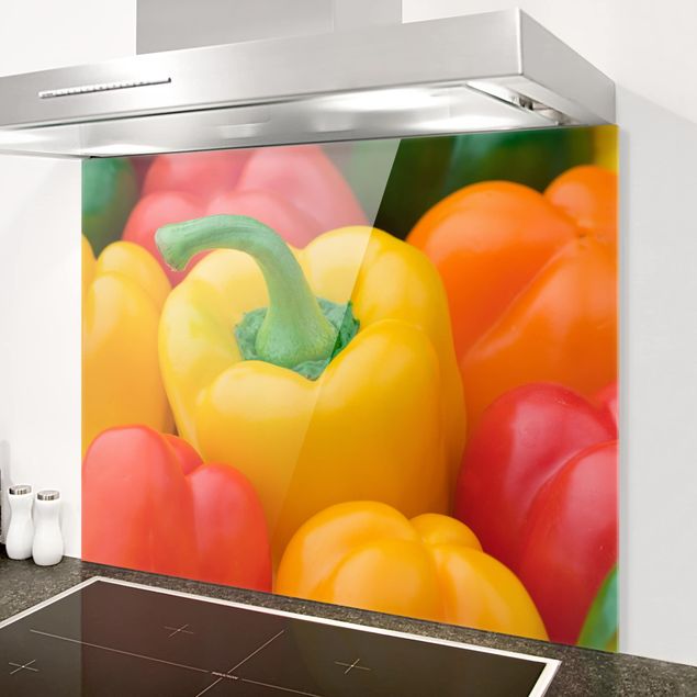 Glass splashback kitchen fruits and vegetables Colorful Peppers