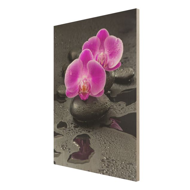 Print on wood - Pink Orchid Flower On Stones With Drops