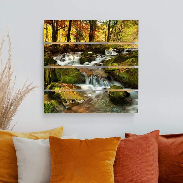 Print on wood - Waterfall Autumnal Forest