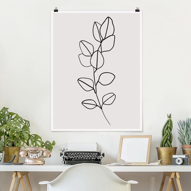 Poster - Line Art Branch Leaves Black And White