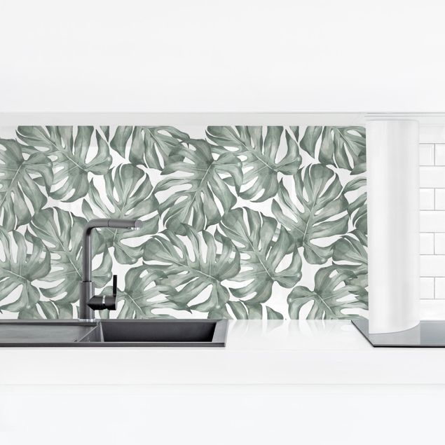 Kitchen wall cladding - Watercolour Monstera Leaves In Green