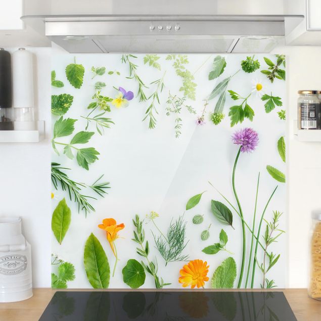 Glass splashback kitchen flower Herbs And Flowers