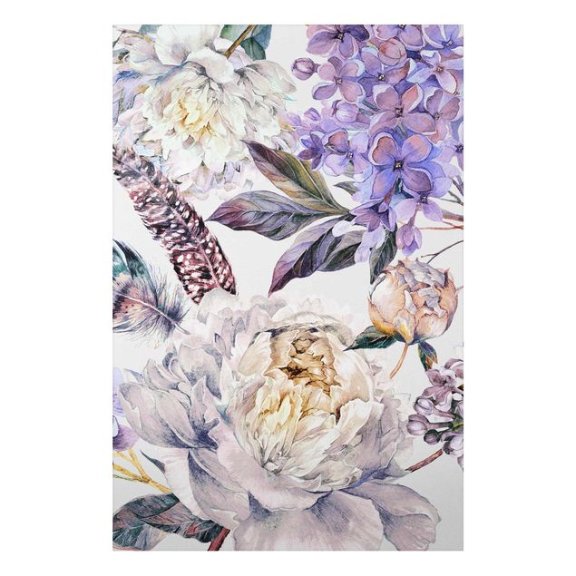 Print on aluminium - Delicate Watercolour Boho Flowers And Feathers Pattern