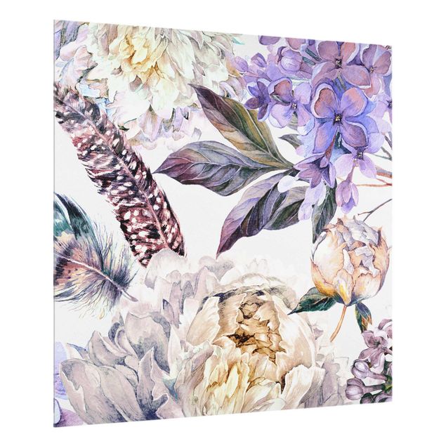Splashback - Delicate Watercolour Boho Flowers And Feathers Pattern - Square 1:1
